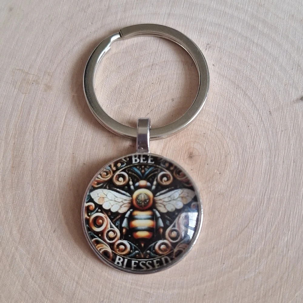 Bee Blessed Glass Cabochon Keychain | Boho Cottagecore Charm